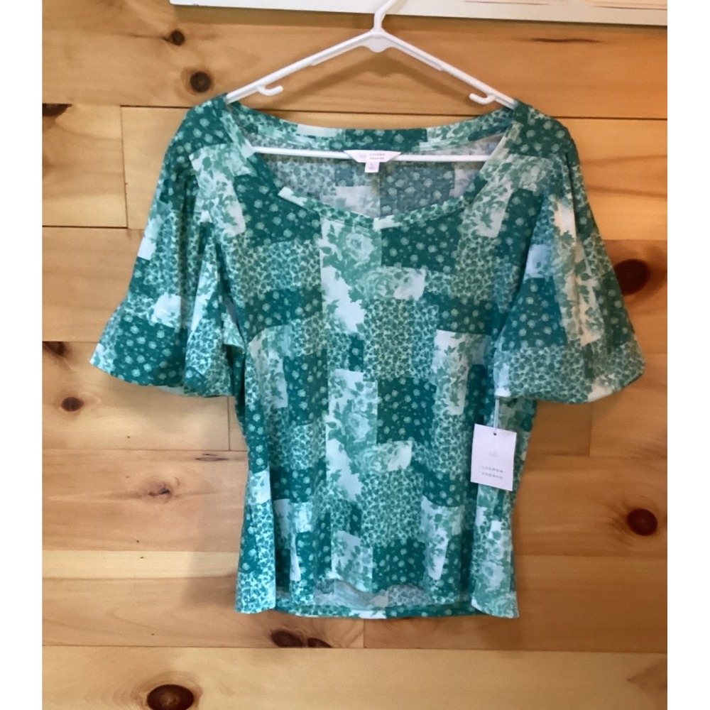 LC Lauren Conrad Green Patchwork Floral Flutter Sleeve Top Womens Large NWT